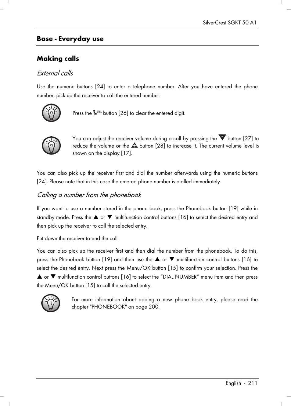 External calls, Calling a number from the phonebook | Silvercrest SGKT 50 A1 User Manual | Page 213 / 224