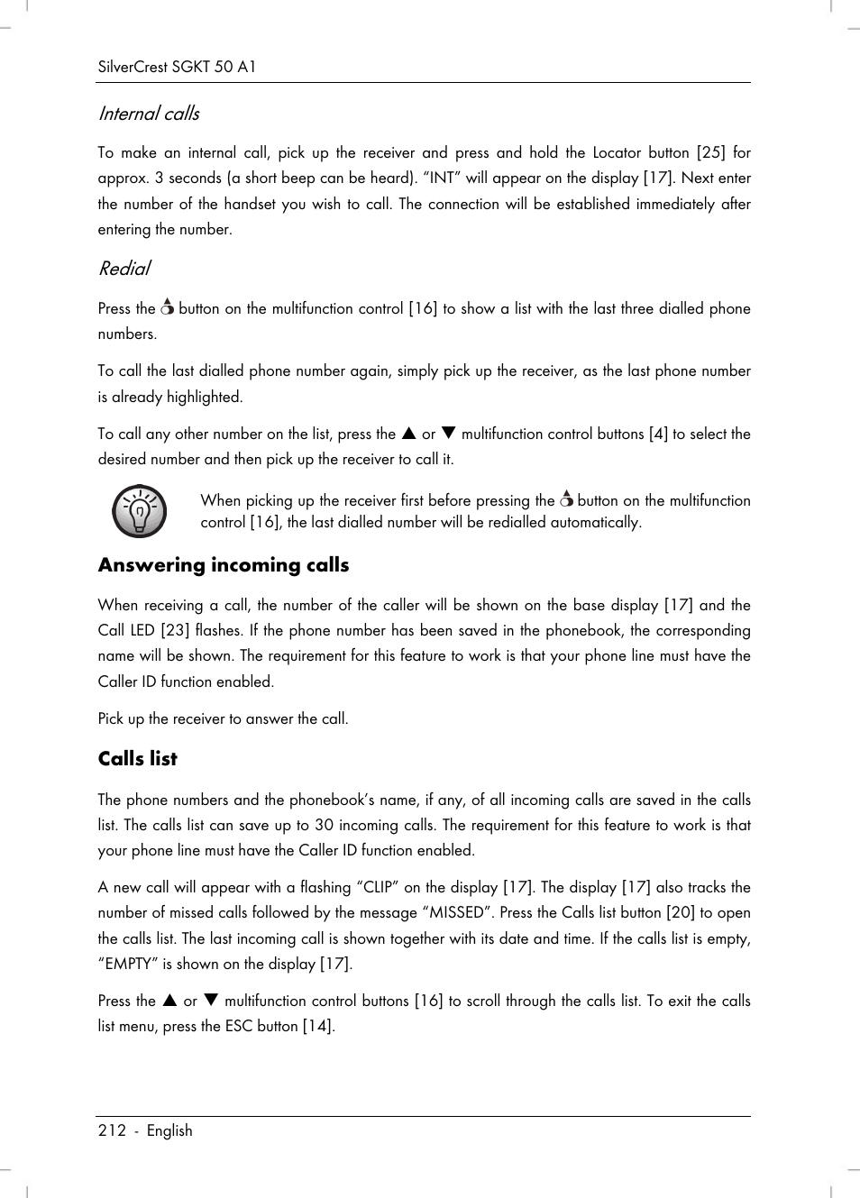 Internal calls, Redial | Silvercrest SGKT 50 A1 User Manual | Page 214 / 224