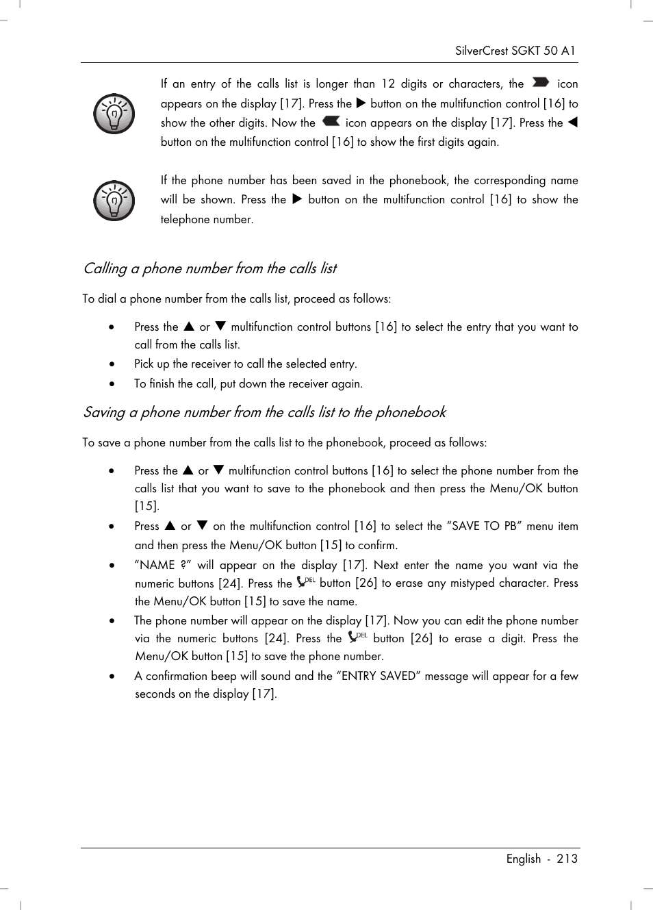 Calling a phone number from the calls list | Silvercrest SGKT 50 A1 User Manual | Page 215 / 224
