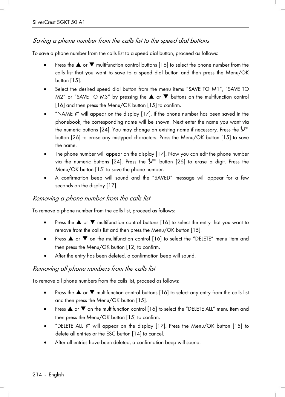 Removing a phone number from the calls list, Removing all phone numbers from the calls list | Silvercrest SGKT 50 A1 User Manual | Page 216 / 224