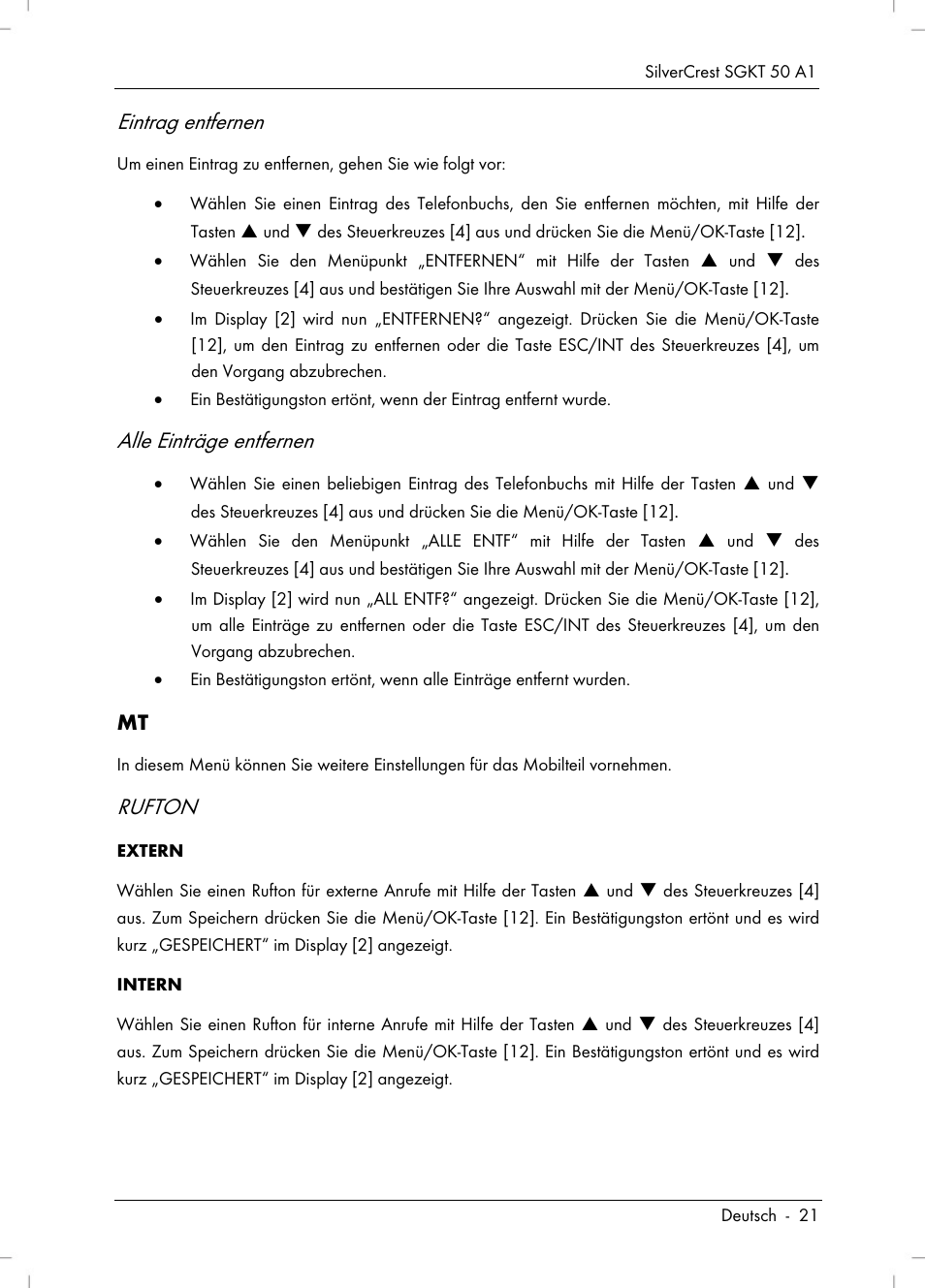Eintrag entfernen, Alle einträge entfernen, Rufton | Silvercrest SGKT 50 A1 User Manual | Page 23 / 224