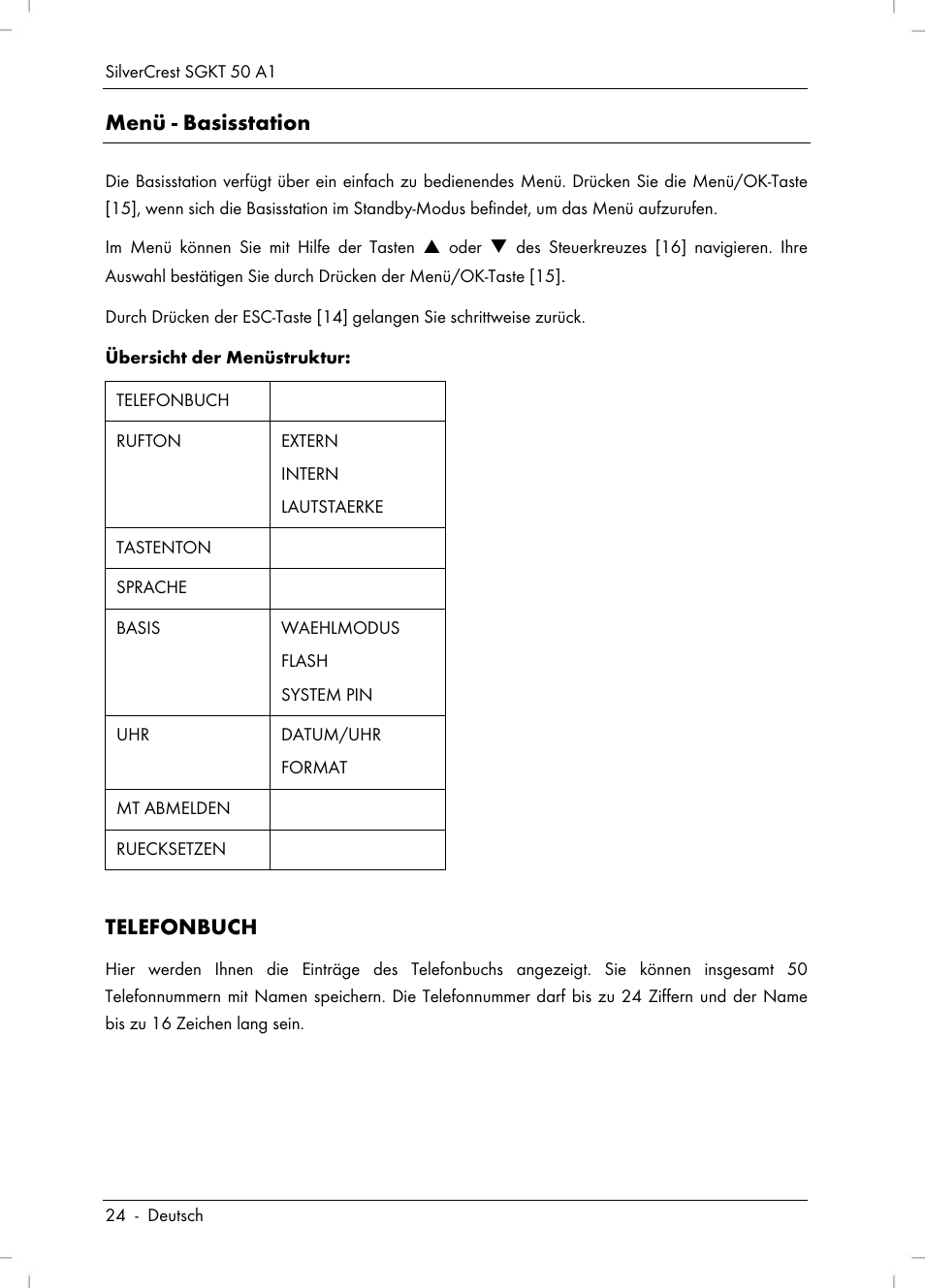 Menü - basisstation, Telefonbuch | Silvercrest SGKT 50 A1 User Manual | Page 26 / 224