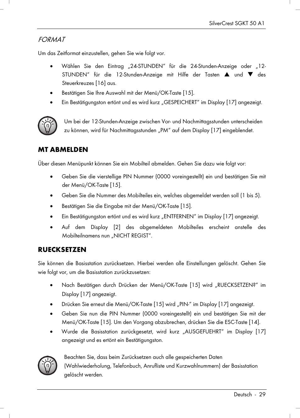 Format, Mt abmelden, Ruecksetzen | Silvercrest SGKT 50 A1 User Manual | Page 31 / 224