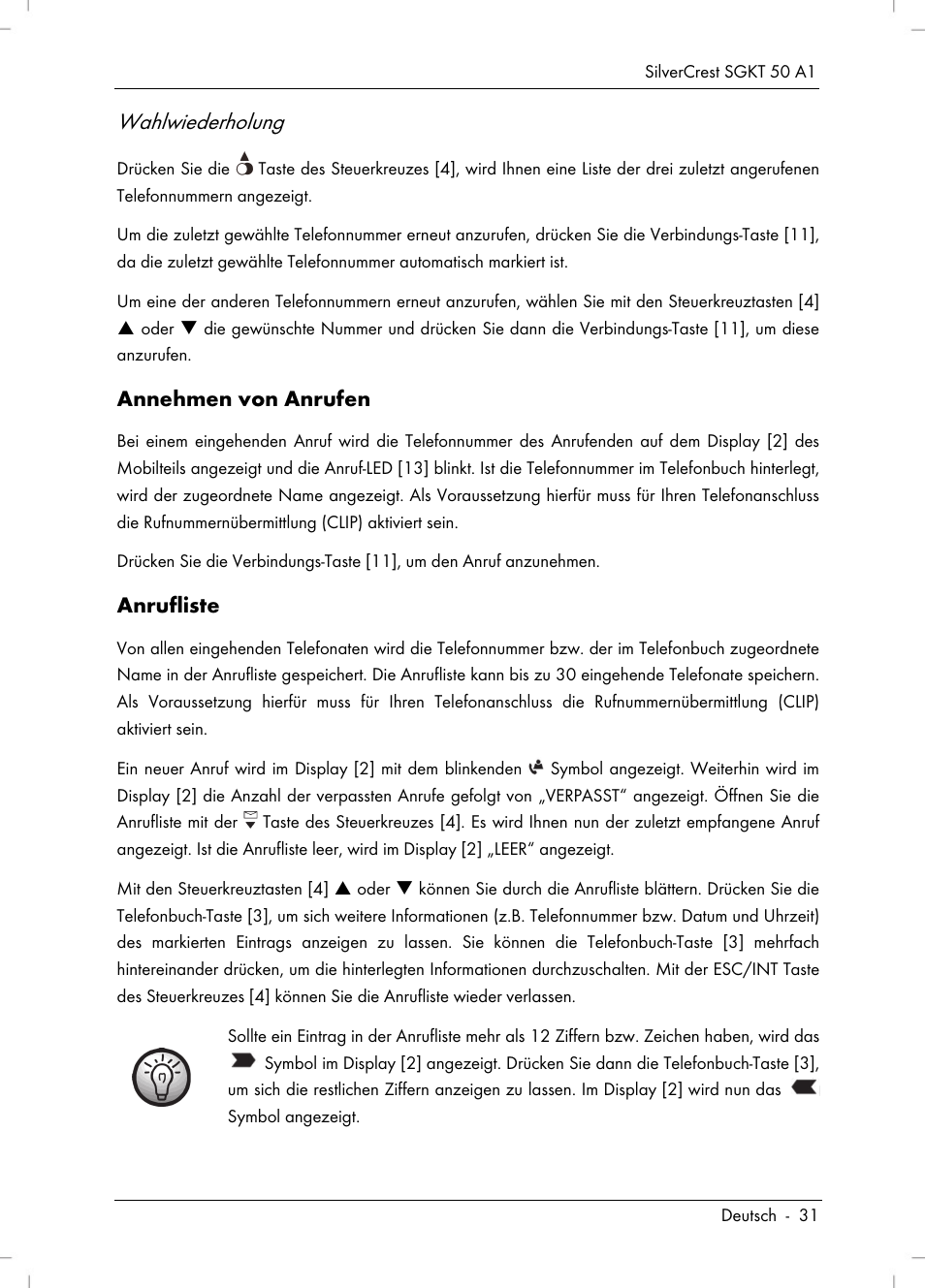Wahlwiederholung, Annehmen von anrufen, Anrufliste | Silvercrest SGKT 50 A1 User Manual | Page 33 / 224