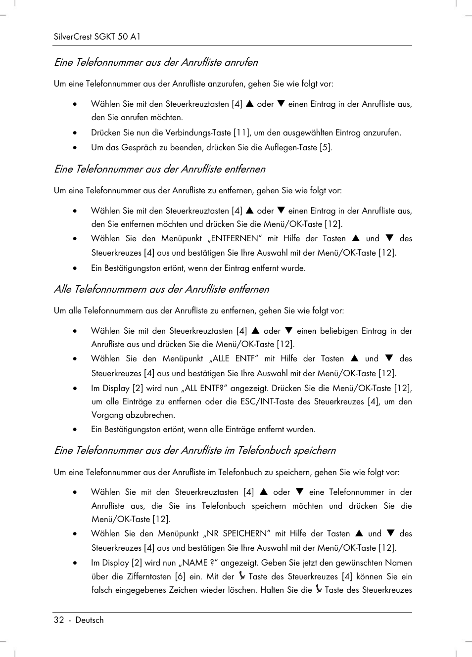 Eine telefonnummer aus der anrufliste anrufen, Eine telefonnummer aus der anrufliste entfernen, Alle telefonnummern aus der anrufliste entfernen | Silvercrest SGKT 50 A1 User Manual | Page 34 / 224