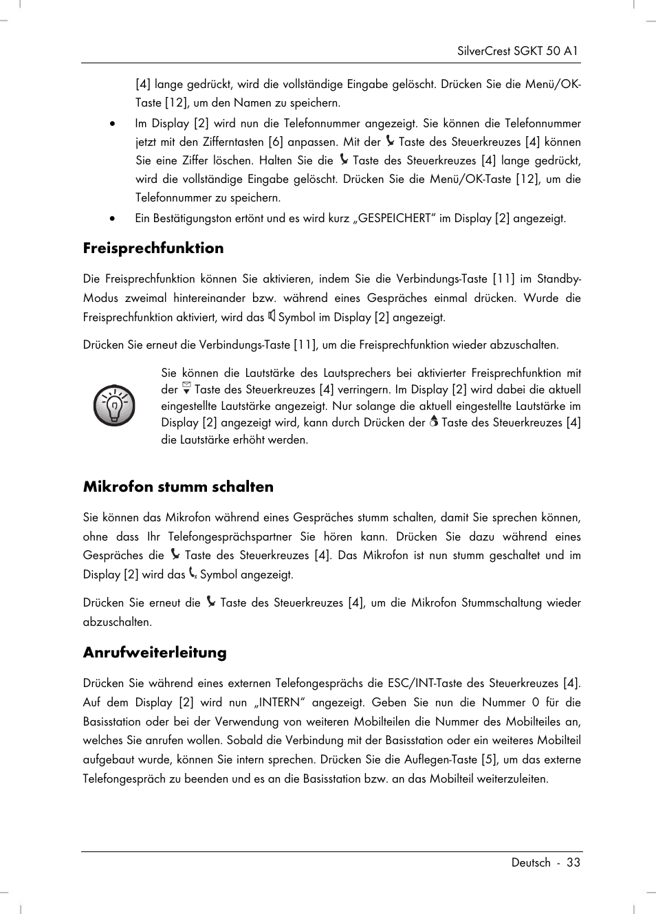 Freisprechfunktion, Mikrofon stumm schalten, Anrufweiterleitung | Silvercrest SGKT 50 A1 User Manual | Page 35 / 224