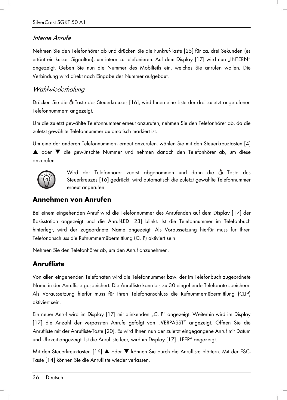 Interne anrufe, Wahlwiederholung | Silvercrest SGKT 50 A1 User Manual | Page 38 / 224