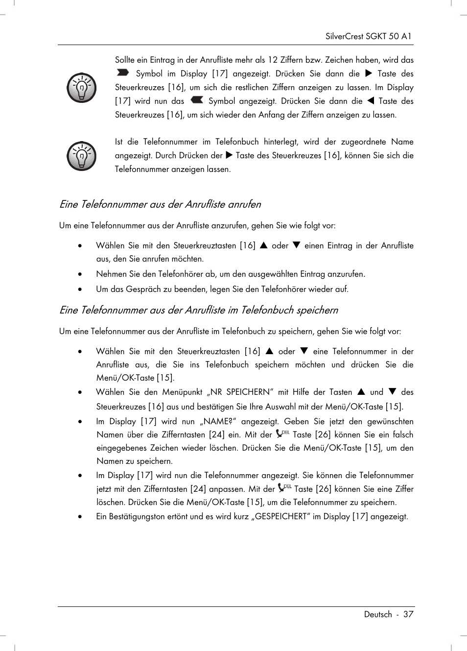 Eine telefonnummer aus der anrufliste anrufen | Silvercrest SGKT 50 A1 User Manual | Page 39 / 224