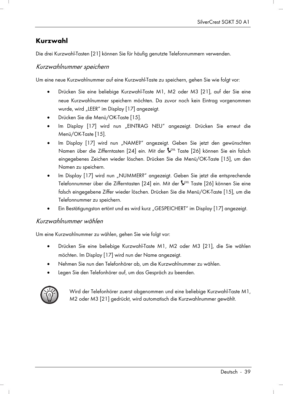 Kurzwahlnummer speichern, Kurzwahlnummer wählen | Silvercrest SGKT 50 A1 User Manual | Page 41 / 224