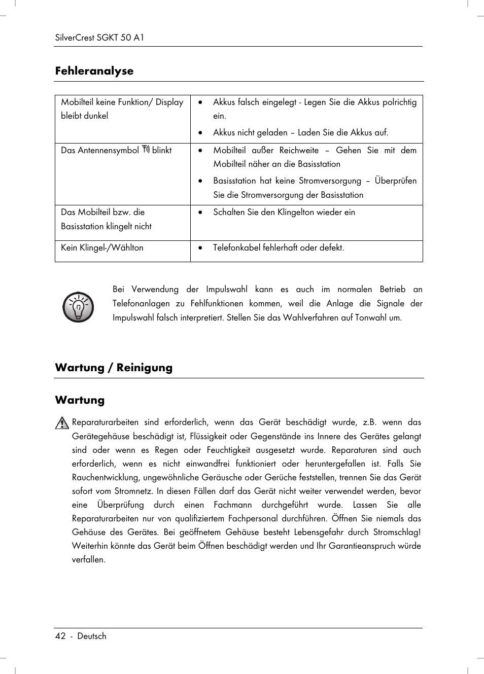 Fehleranalyse, Wartung / reinigung wartung | Silvercrest SGKT 50 A1 User Manual | Page 44 / 224