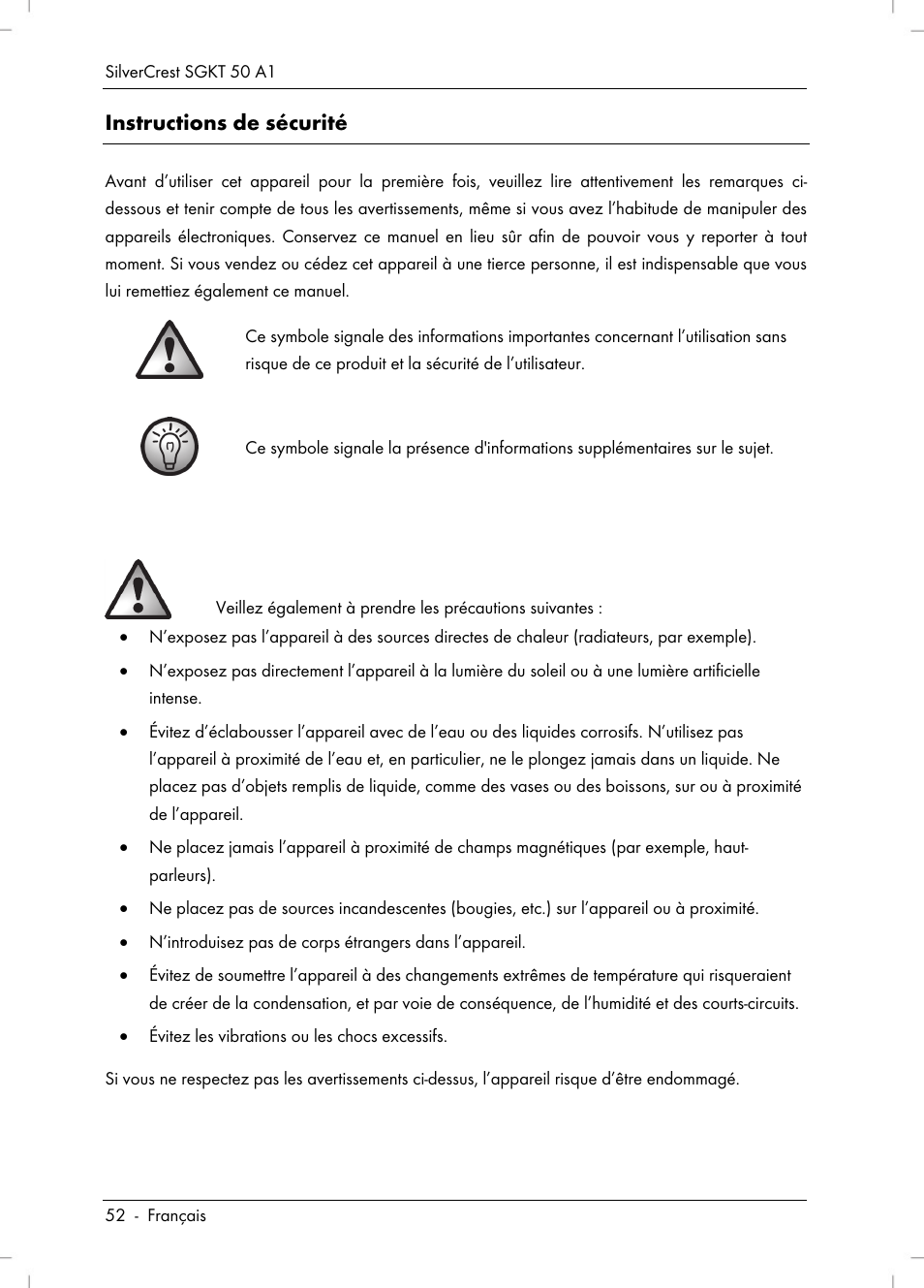 Instructions de sécurité | Silvercrest SGKT 50 A1 User Manual | Page 54 / 224