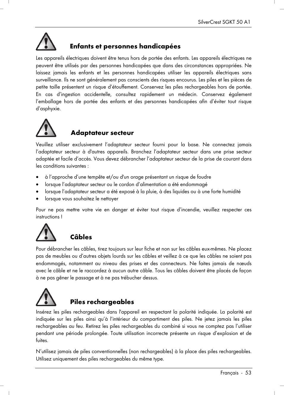 Enfants et personnes handicapées, Adaptateur secteur, Câbles | Piles rechargeables | Silvercrest SGKT 50 A1 User Manual | Page 55 / 224