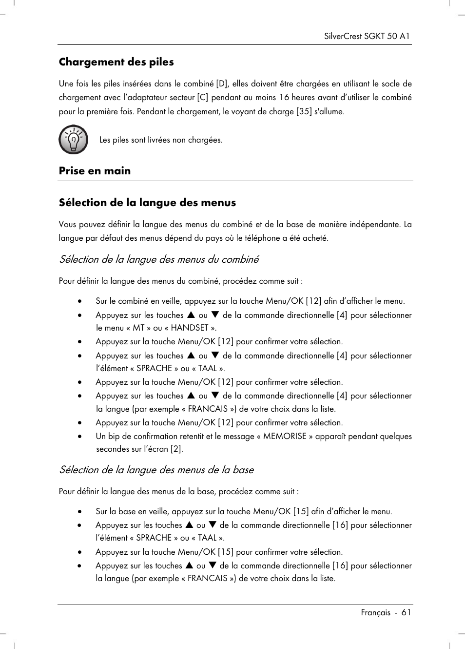 Sélection de la langue des menus du combiné, Sélection de la langue des menus de la base | Silvercrest SGKT 50 A1 User Manual | Page 63 / 224