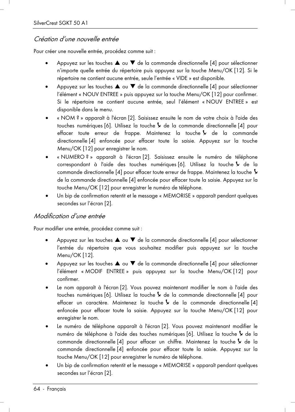Création d’une nouvelle entrée, Modification d’une entrée | Silvercrest SGKT 50 A1 User Manual | Page 66 / 224