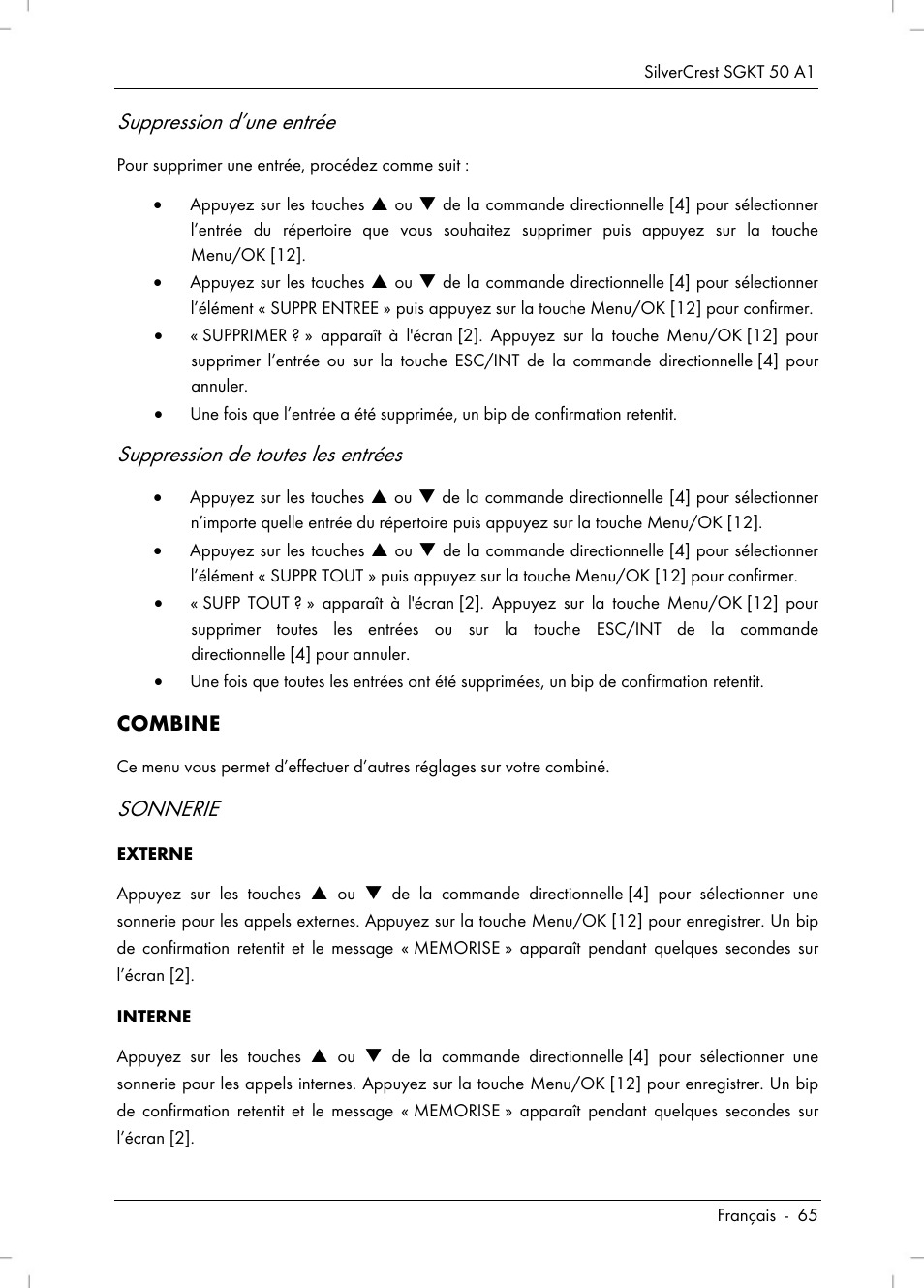 Suppression d’une entrée, Suppression de toutes les entrées, Sonnerie | Silvercrest SGKT 50 A1 User Manual | Page 67 / 224