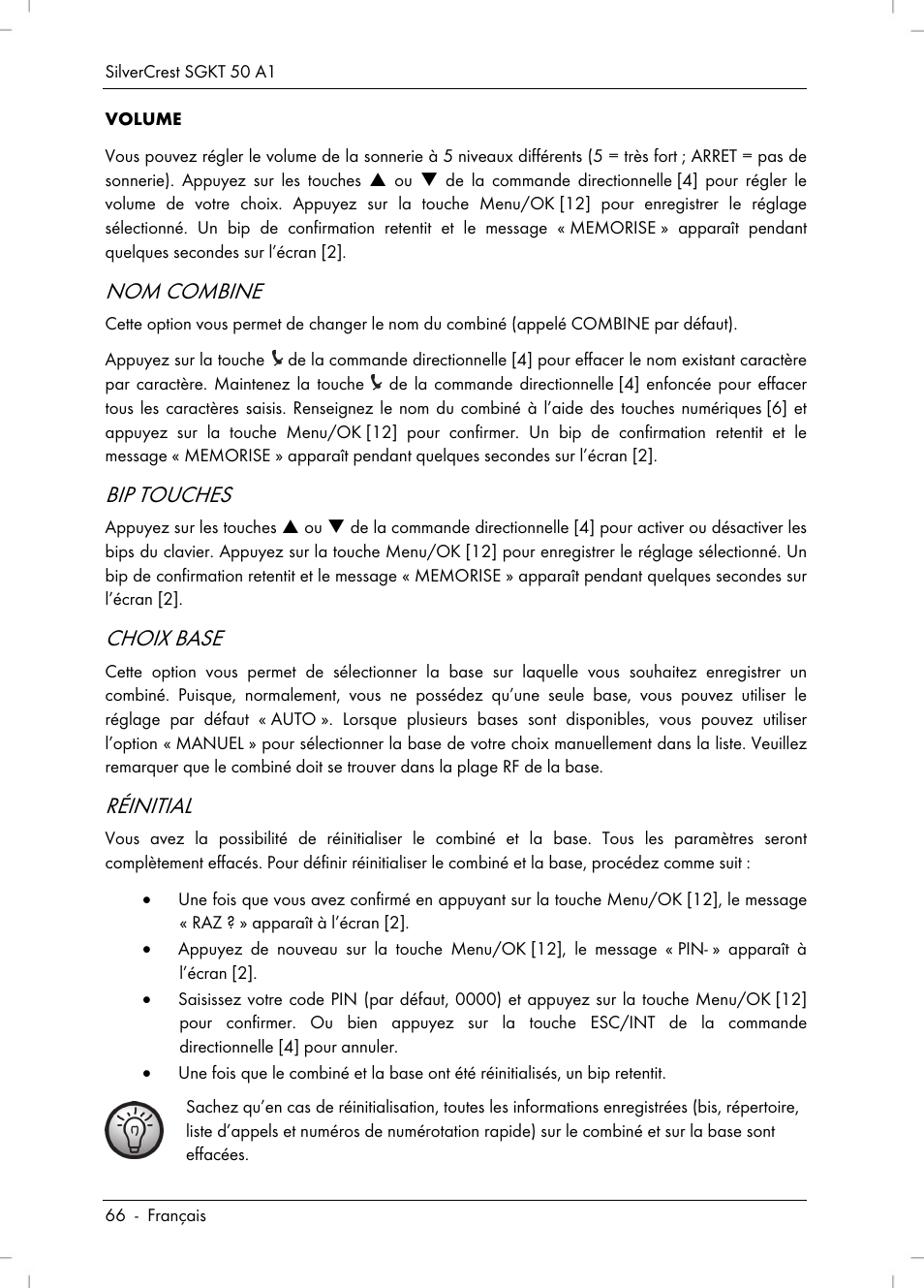 Nom combine, Bip touches, Choix base | Réinitial | Silvercrest SGKT 50 A1 User Manual | Page 68 / 224