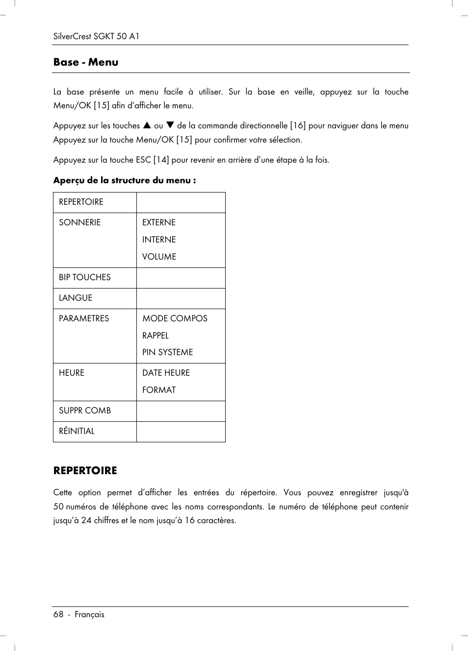 Base - menu, Repertoire | Silvercrest SGKT 50 A1 User Manual | Page 70 / 224