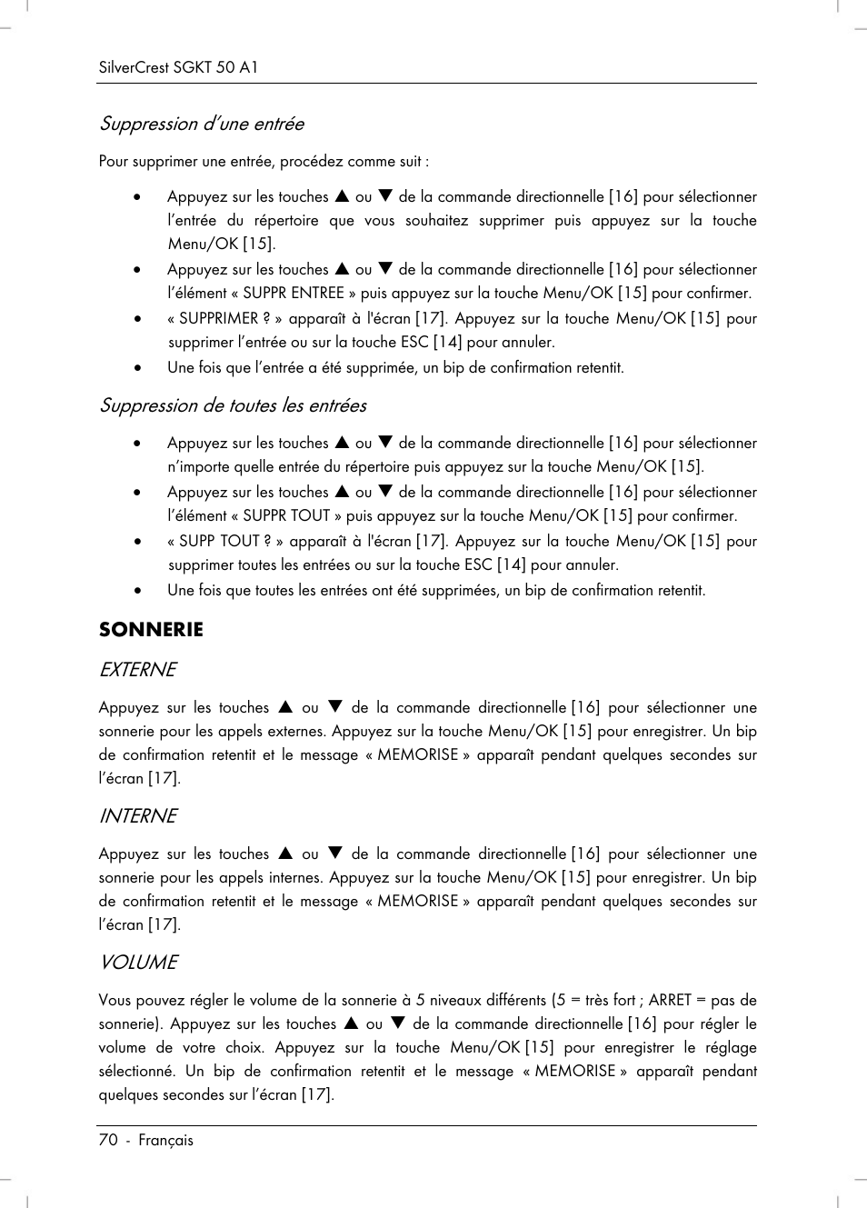 Suppression d’une entrée, Suppression de toutes les entrées, Externe | Interne, Volume | Silvercrest SGKT 50 A1 User Manual | Page 72 / 224