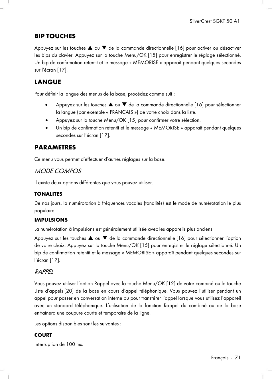 Mode compos, Rappel | Silvercrest SGKT 50 A1 User Manual | Page 73 / 224