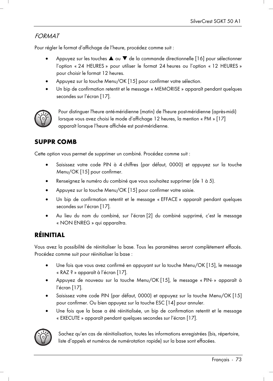 Format, Suppr comb, Réinitial | Silvercrest SGKT 50 A1 User Manual | Page 75 / 224