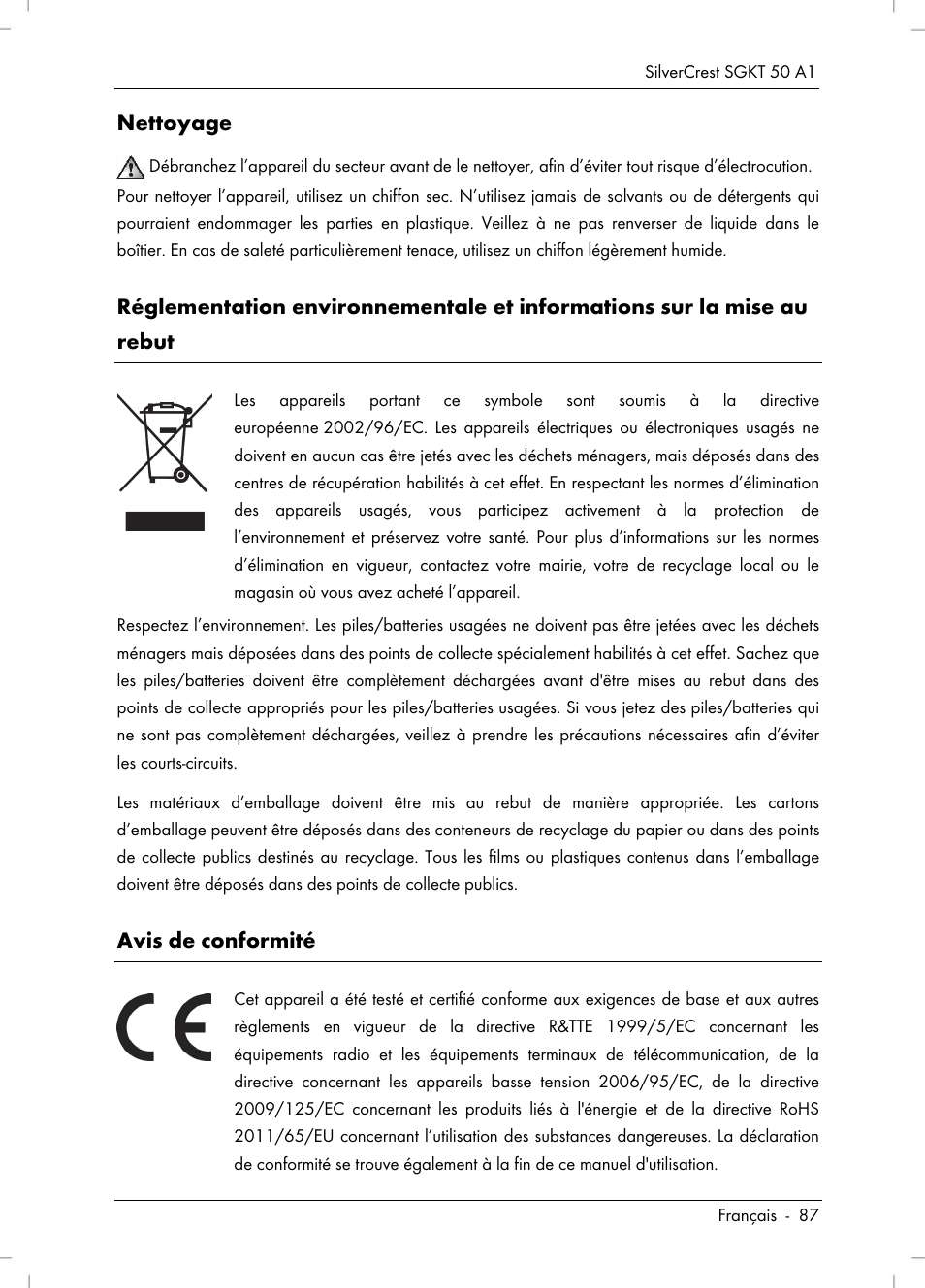 Nettoyage, Avis de conformité | Silvercrest SGKT 50 A1 User Manual | Page 89 / 224