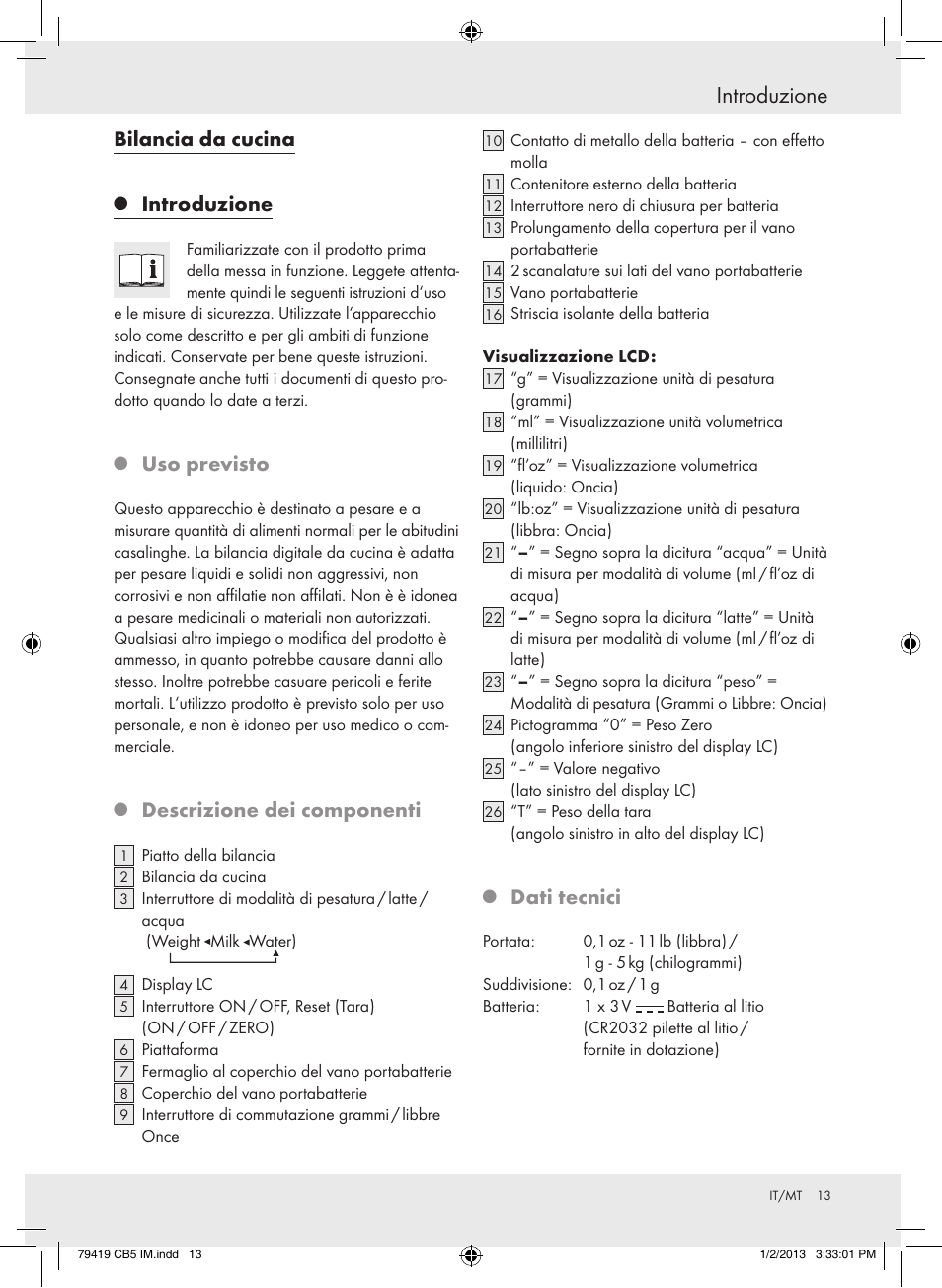 Introduzione, Bilancia da cucina, Uso previsto | Descrizione dei componenti, Dati tecnici | Silvercrest Z29852A Z29852B User Manual | Page 13 / 43