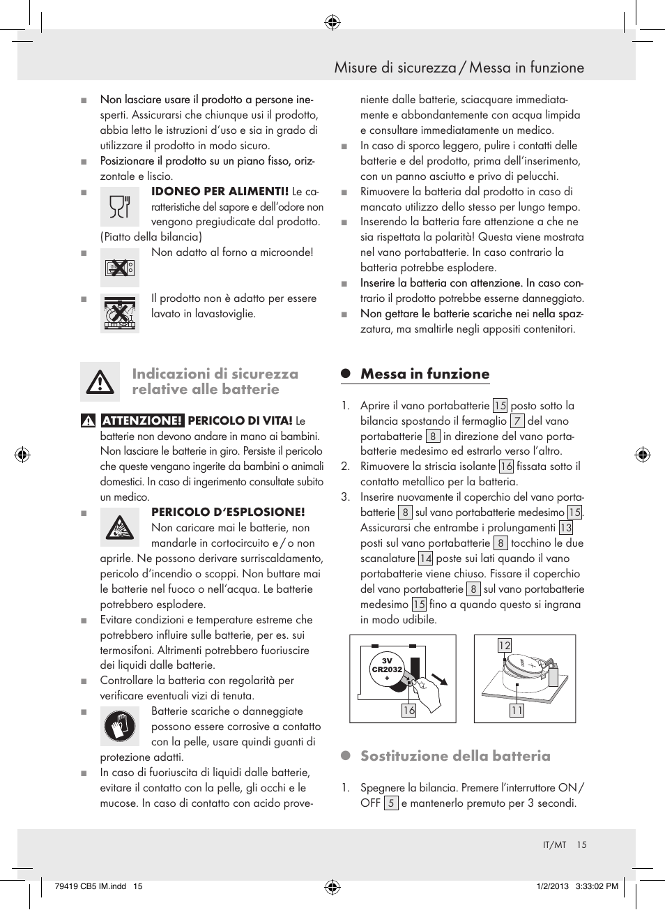 Misure di sicurezza / messa in funzione, Indicazioni di sicurezza relative alle batterie, Messa in funzione | Sostituzione della batteria | Silvercrest Z29852A Z29852B User Manual | Page 15 / 43