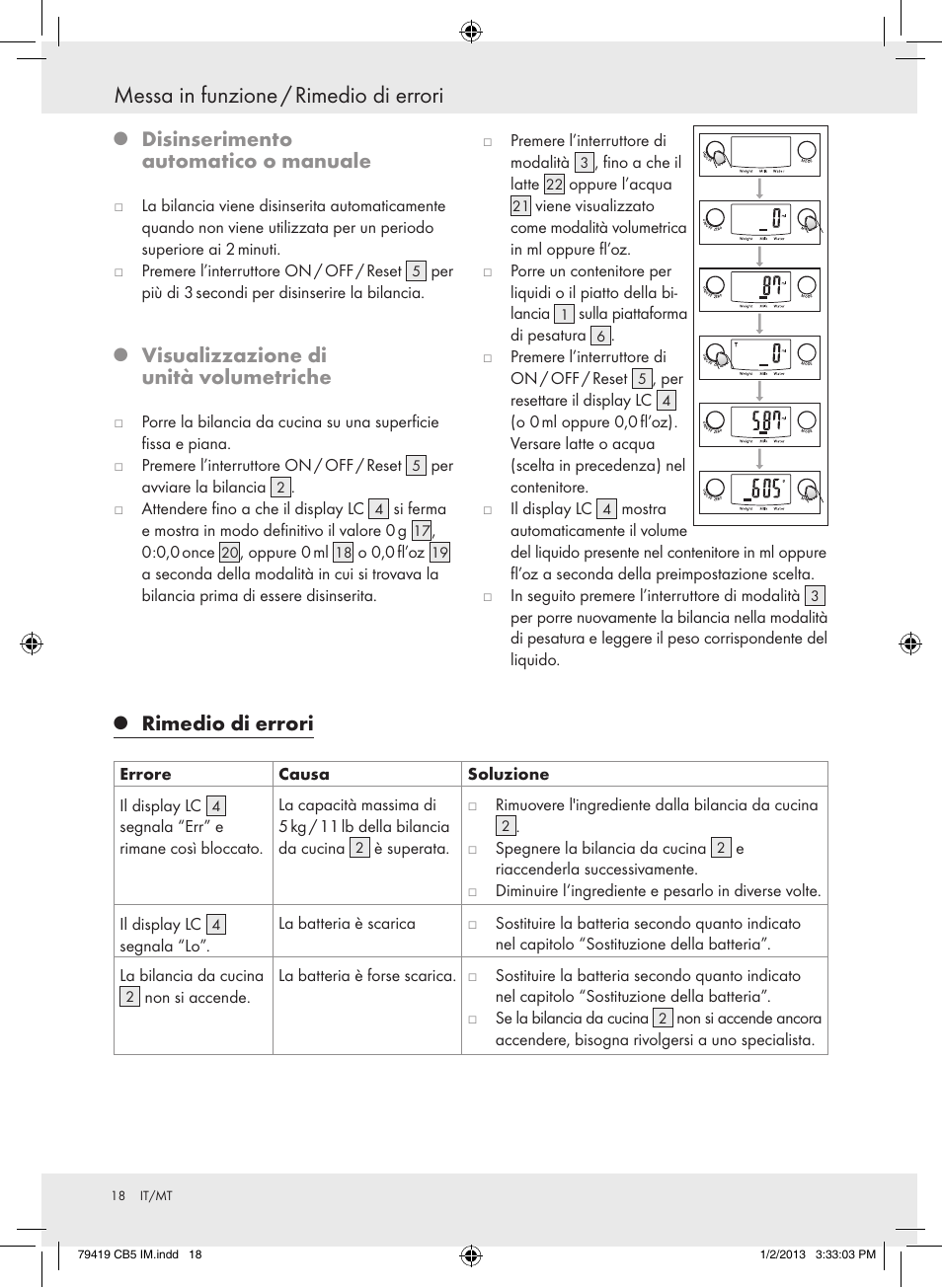 Messa in funzione / rimedio di errori, Disinserimento automatico o manuale, Visualizzazione di unità volumetriche | Rimedio di errori | Silvercrest Z29852A Z29852B User Manual | Page 18 / 43