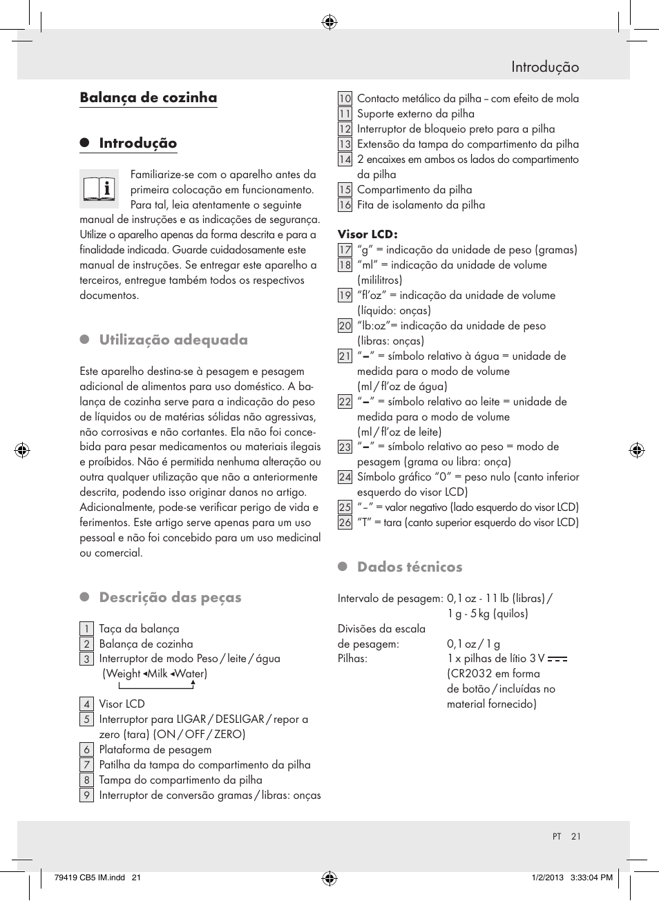 Introdução, Balança de cozinha, Utilização adequada | Descrição das peças, Dados técnicos | Silvercrest Z29852A Z29852B User Manual | Page 21 / 43