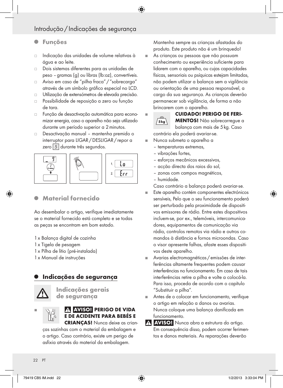 Introdução / indicações de segurança, Funções, Material fornecido | Silvercrest Z29852A Z29852B User Manual | Page 22 / 43
