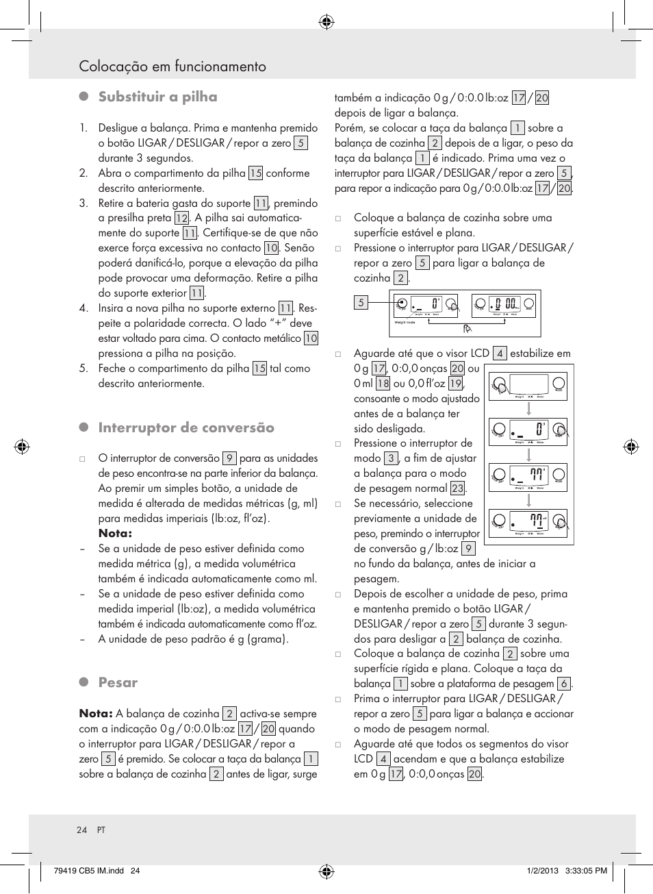 Colocação em funcionamento, Substituir a pilha, Interruptor de conversão | Pesar | Silvercrest Z29852A Z29852B User Manual | Page 24 / 43
