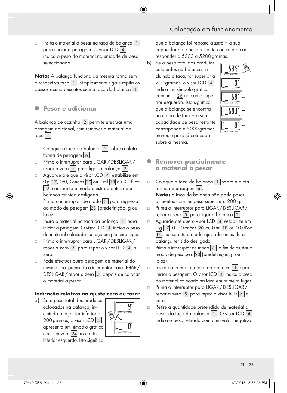 Colocação em funcionamento, Pesar e adicionar, Remover parcialmente o material a pesar | Silvercrest Z29852A Z29852B User Manual | Page 25 / 43