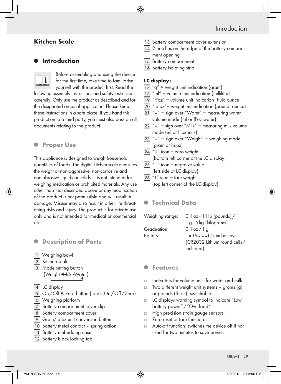 Introduction, Kitchen scale, Proper use | Description of parts, Technical data, Features | Silvercrest Z29852A Z29852B User Manual | Page 29 / 43