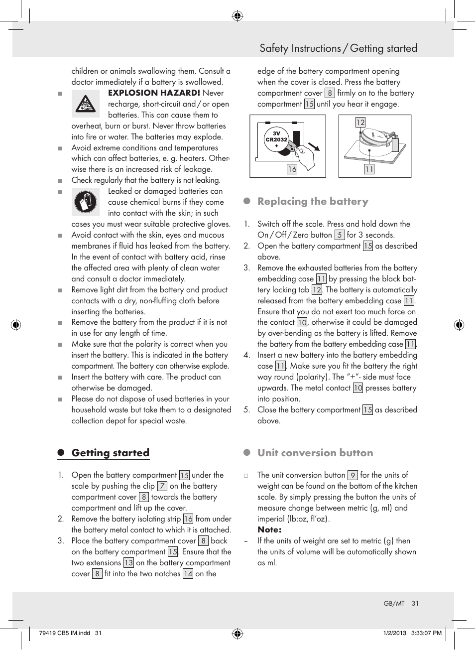 Safety instructions / getting started, Getting started, Replacing the battery | Unit conversion button | Silvercrest Z29852A Z29852B User Manual | Page 31 / 43