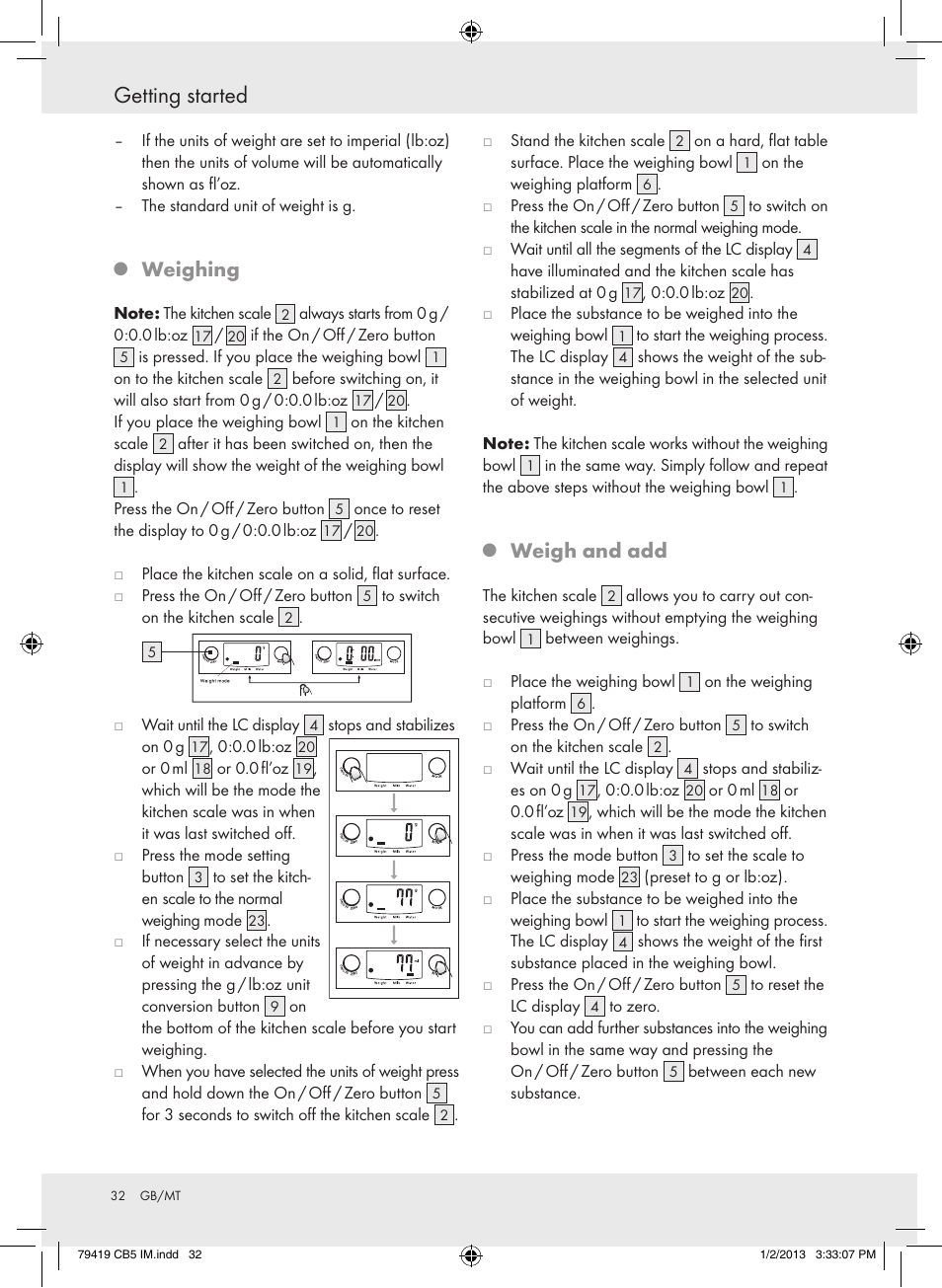 Getting started, Weighing, Weigh and add | Silvercrest Z29852A Z29852B User Manual | Page 32 / 43