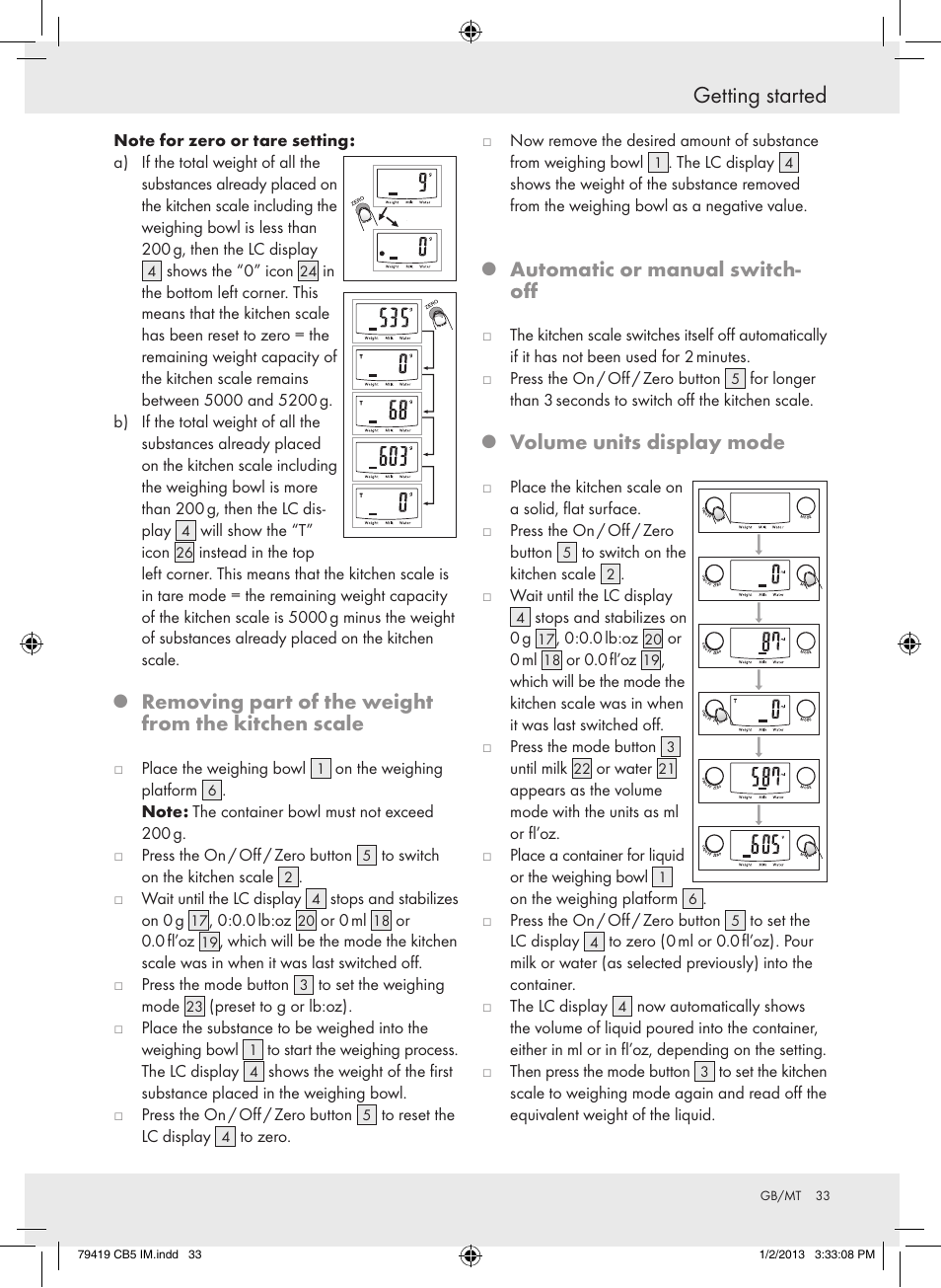 Getting started, Removing part of the weight from the kitchen scale, Automatic or manual switch- off | Volume units display mode | Silvercrest Z29852A Z29852B User Manual | Page 33 / 43