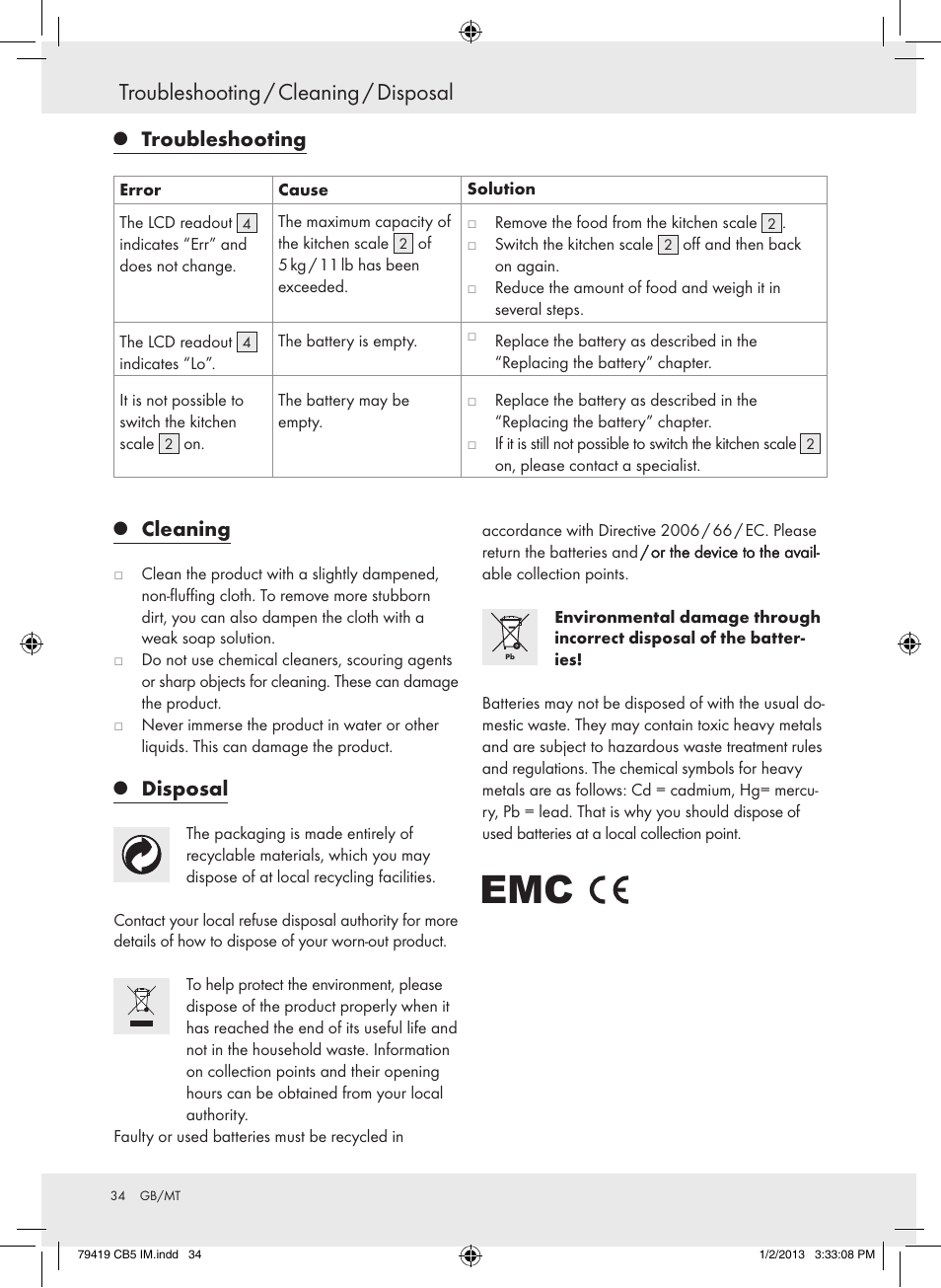 Troubleshooting / cleaning / disposal, Troubleshooting, Cleaning | Disposal | Silvercrest Z29852A Z29852B User Manual | Page 34 / 43