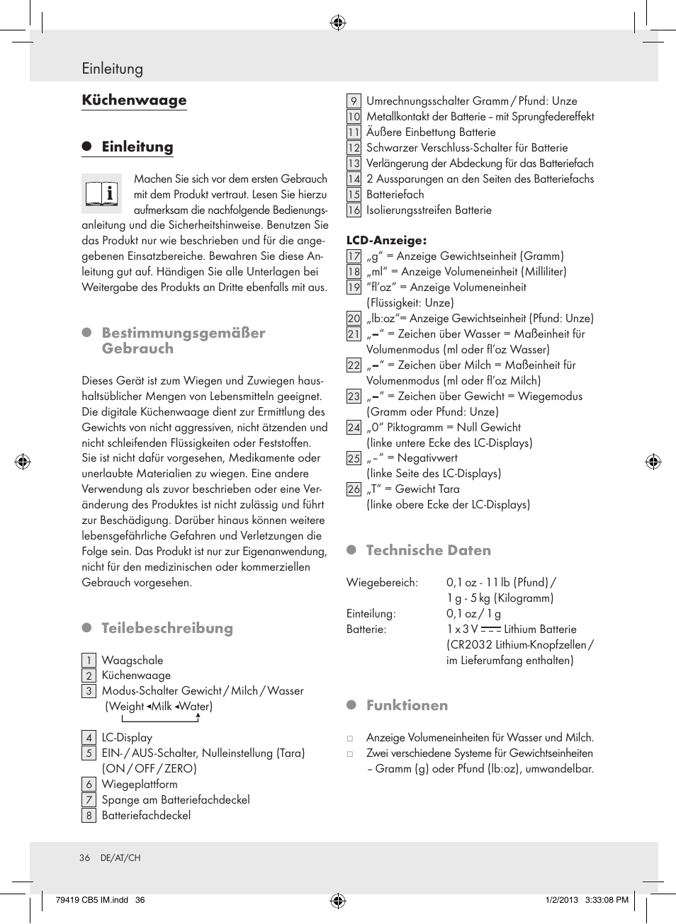 Einleitung, Küchenwaage, Bestimmungsgemäßer gebrauch | Teilebeschreibung, Technische daten, Funktionen | Silvercrest Z29852A Z29852B User Manual | Page 36 / 43