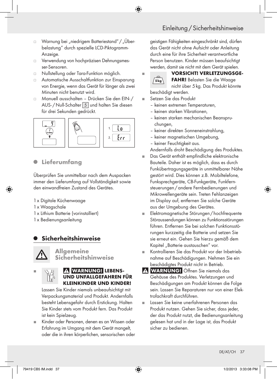 Einleitung / sicherheitshinweise, Lieferumfang, Sicherheitshinweise allgemeine sicherheitshinweise | Silvercrest Z29852A Z29852B User Manual | Page 37 / 43