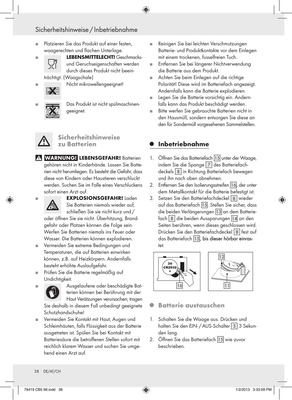 Sicherheitshinweise / inbetriebnahme, Sicherheitshinweise zu batterien, Inbetriebnahme | Batterie austauschen | Silvercrest Z29852A Z29852B User Manual | Page 38 / 43