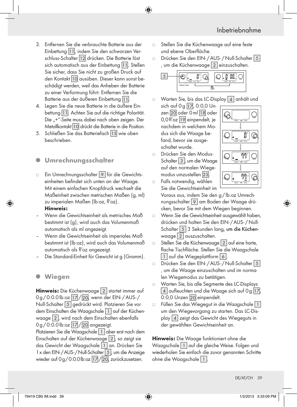 Inbetriebnahme, Umrechnungsschalter, Wiegen | Silvercrest Z29852A Z29852B User Manual | Page 39 / 43