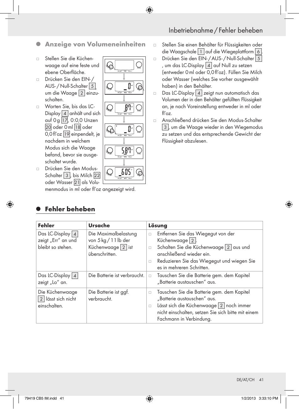 Inbetriebnahme / fehler beheben, Anzeige von volumeneinheiten, Fehler beheben | Silvercrest Z29852A Z29852B User Manual | Page 41 / 43