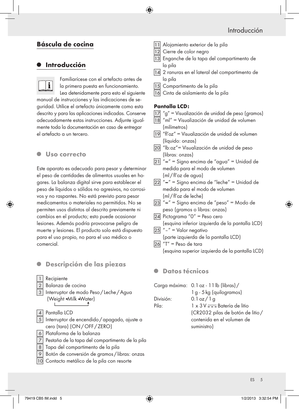 Introducción, Báscula de cocina, Uso correcto | Descripción de las piezas, Datos técnicos | Silvercrest Z29852A Z29852B User Manual | Page 5 / 43