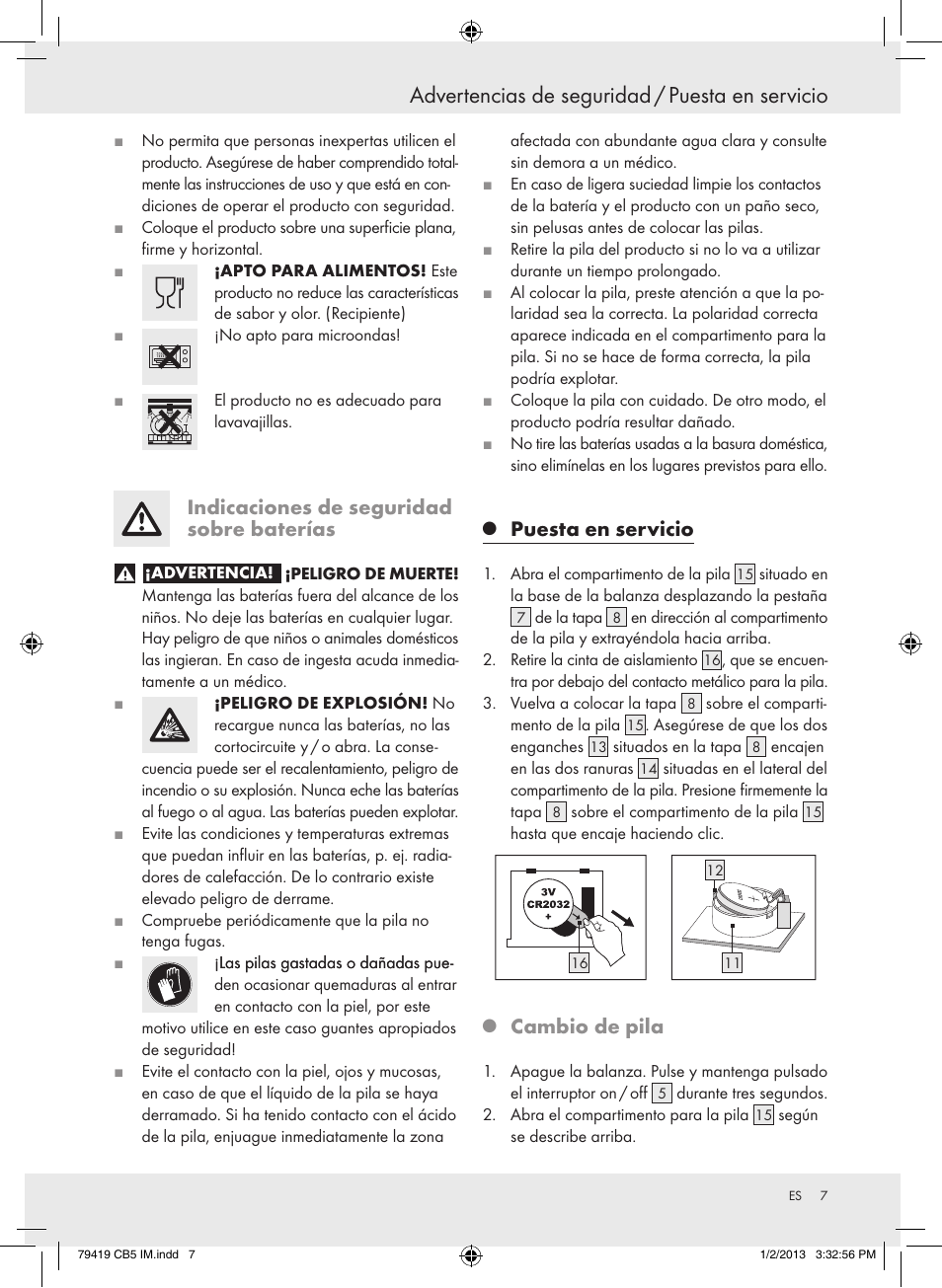 Advertencias de seguridad / puesta en servicio, Indicaciones de seguridad sobre baterías, Puesta en servicio | Cambio de pila | Silvercrest Z29852A Z29852B User Manual | Page 7 / 43