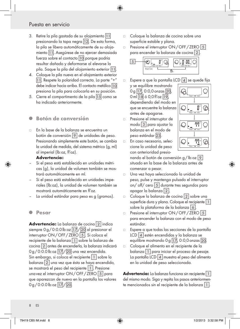 Puesta en servicio, Botón de conversión, Pesar | Silvercrest Z29852A Z29852B User Manual | Page 8 / 43