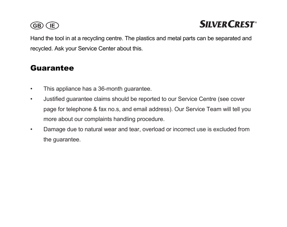 Guarantee | Silvercrest SGP 12 A1 User Manual | Page 12 / 36