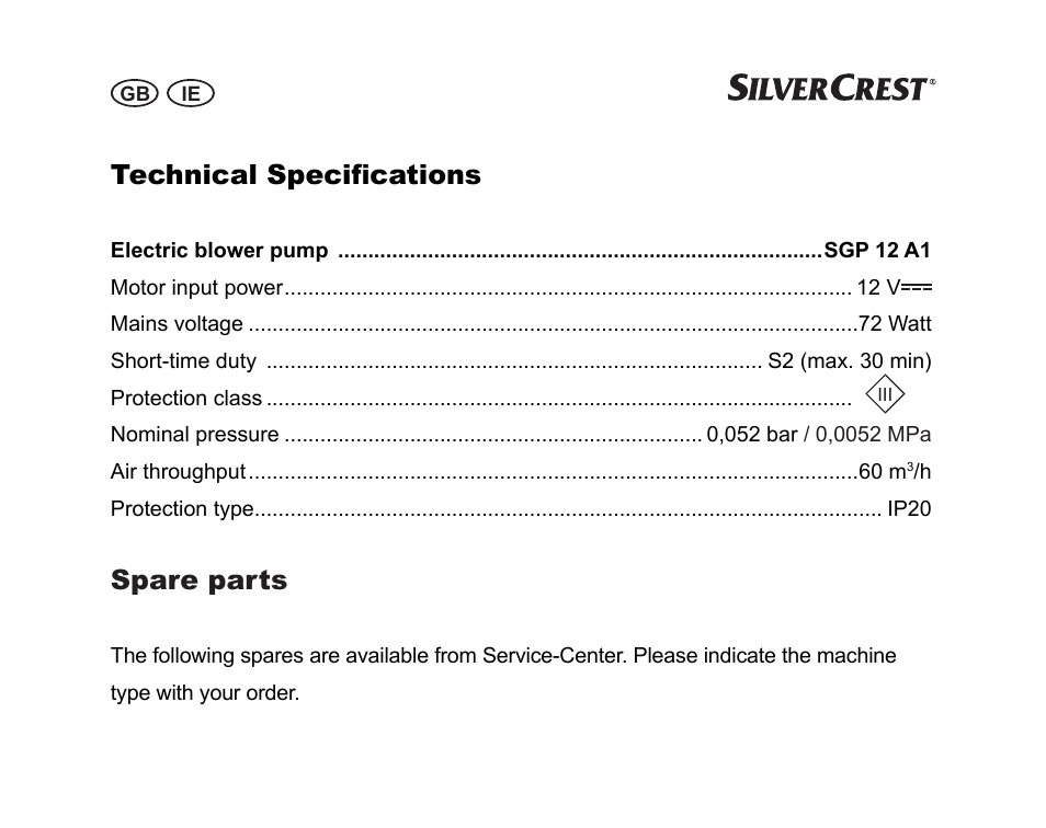 Technical specifications, Spare parts | Silvercrest SGP 12 A1 User Manual | Page 14 / 36