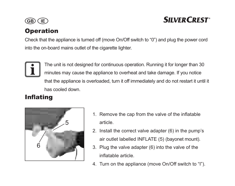 Operation, Inflating 6 5 | Silvercrest SGP 12 A1 User Manual | Page 8 / 36