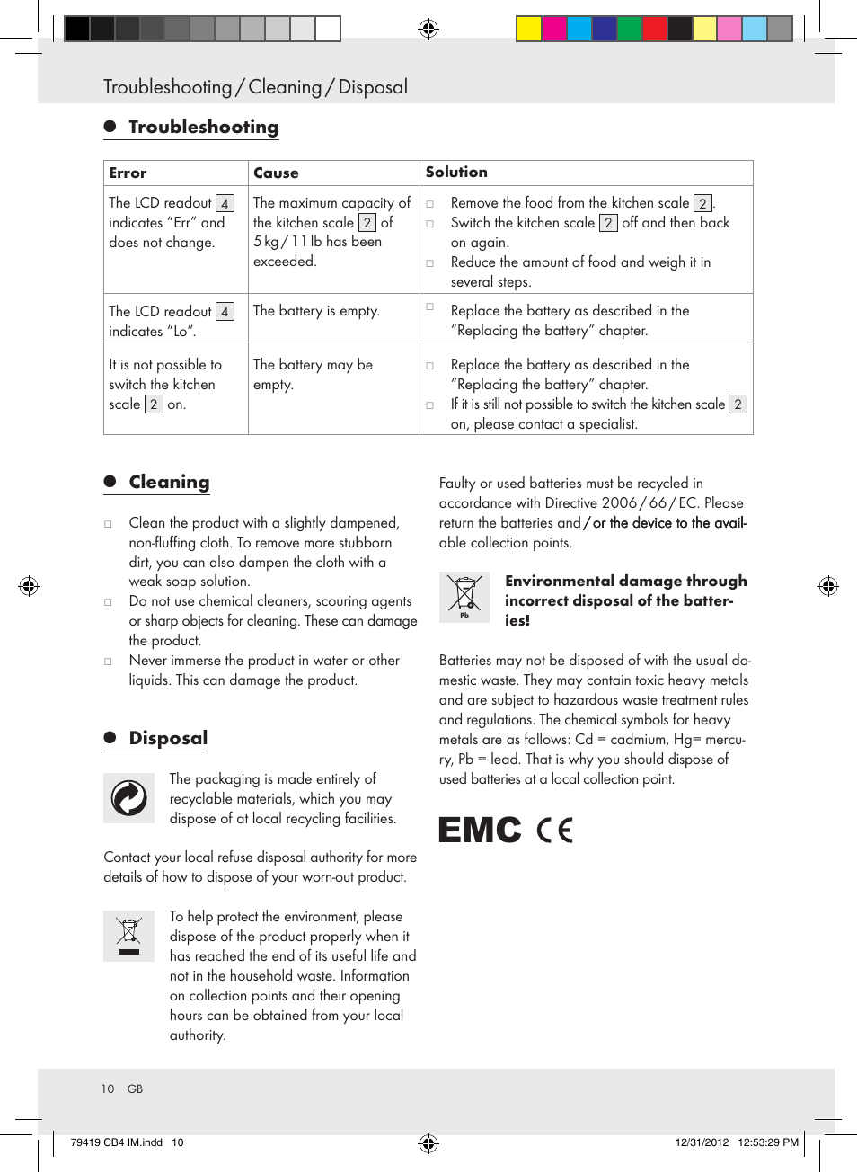 Troubleshooting / cleaning / disposal, Troubleshooting, Cleaning | Disposal | Silvercrest Z29852A Z29852B User Manual | Page 10 / 60