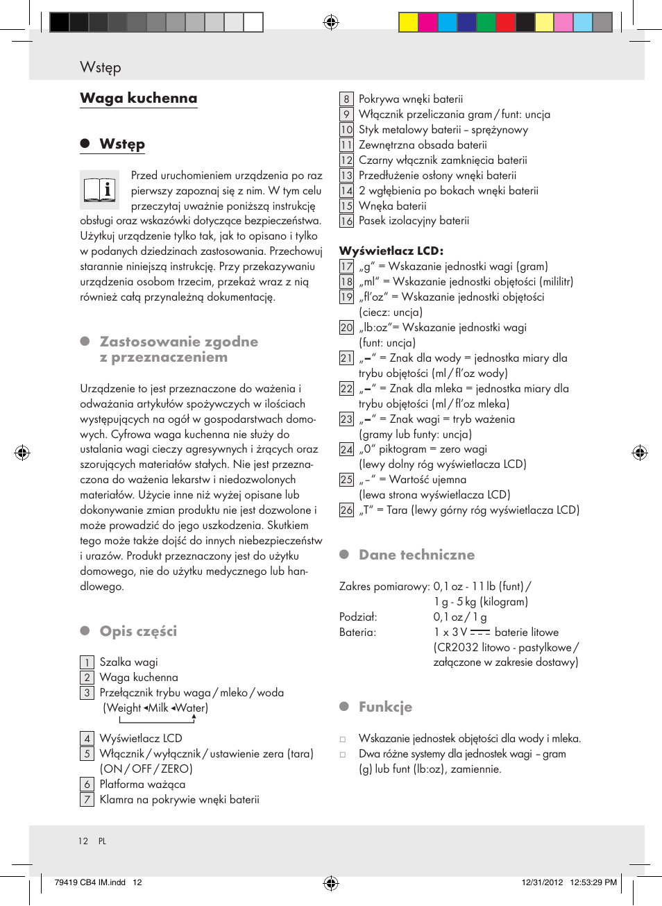 Wstęp, Waga kuchenna, Zastosowanie zgodne z przeznaczeniem | Opis części, Dane techniczne, Funkcje | Silvercrest Z29852A Z29852B User Manual | Page 12 / 60